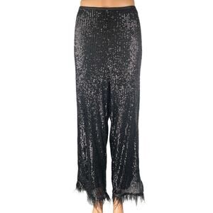 Nanette Lepore Black Sequin Mesh Fringe High Waist Wide Leg Trousers Pants Sz L